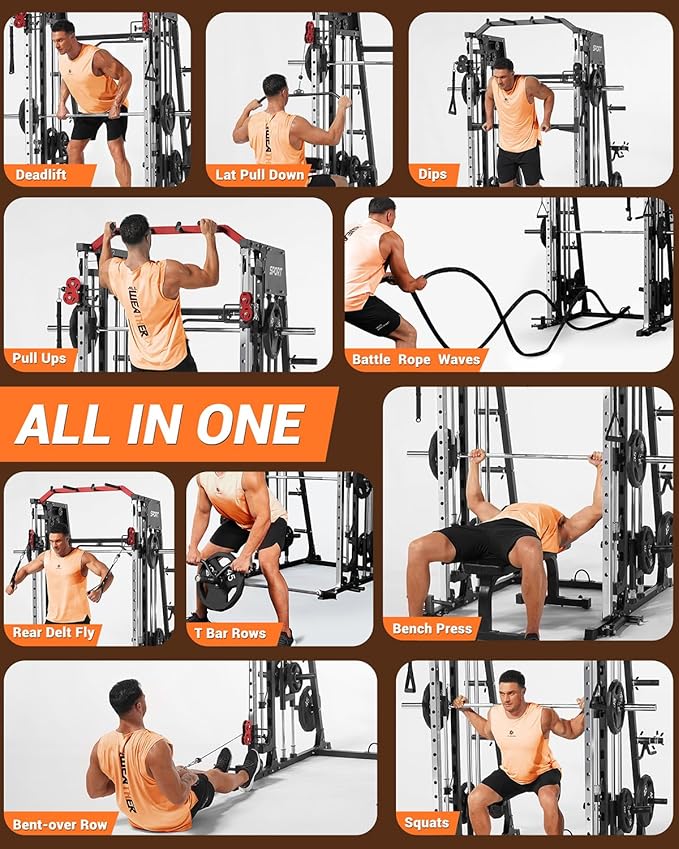 Smith Machines Home Gym with Bench, Squat Rack with Weight Bar, Dual LAT Pull-Down Systems & Cable Crossover Machine for Full-Body Workouts Training, Red & Black