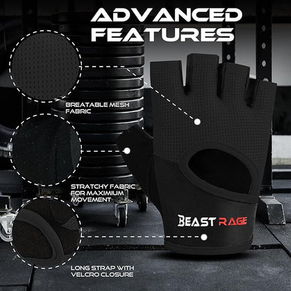 BEAST RAGE Workout Gloves for Men & Women - Fingerless Gym Gloves with Palm Protection, Breathable & Lightweight for Weightlifting, Cycling & Pull Up
