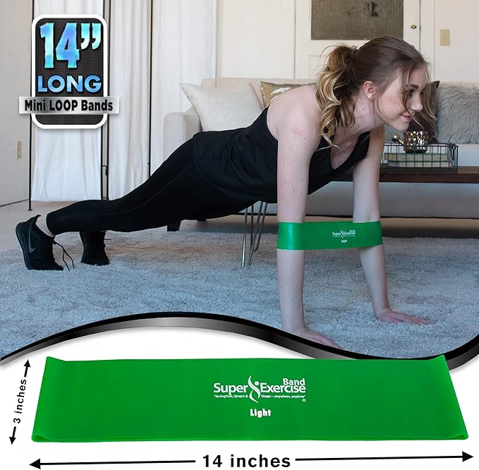 USA 14" x 3" Extra Long Latex Free Mini Loop Bands in 3, 5, 10 Pack Sets. 10 Strengths for Resistance Training, Stretching, Yoga, Toning. Plus an Exclusive iPhone App and E-Book.