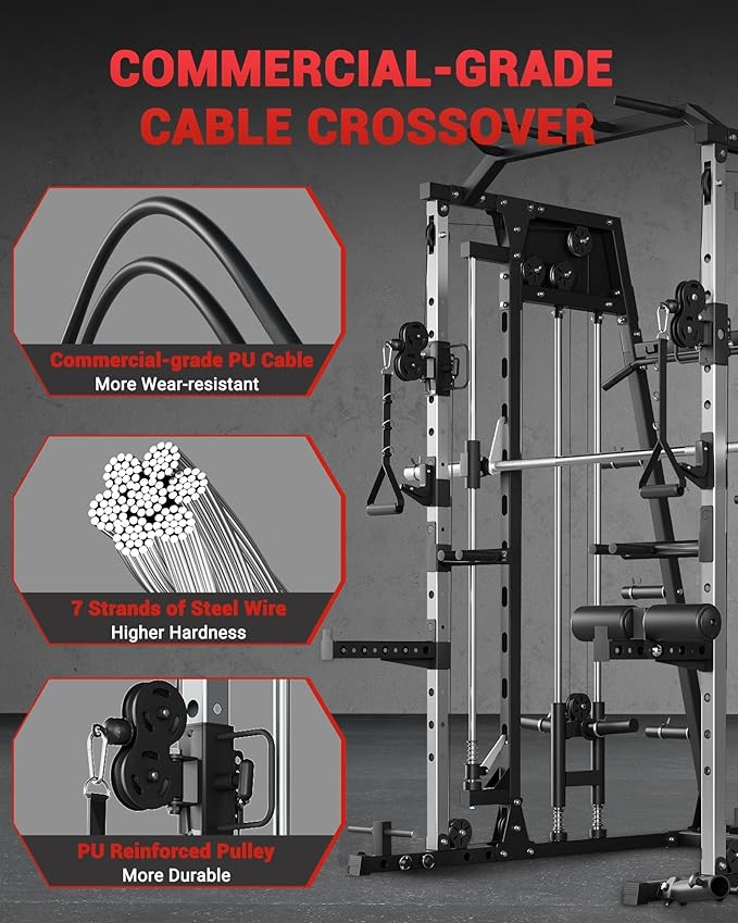 GarveeLife Smith Machine Home Gym All in One, 2200 LBS Squat Rack Power Cage with Smith Bar, LAT Pull-Down, Cable Systems, Leg Hold-Down and More Attachments, Workout Equipment (Red Black)