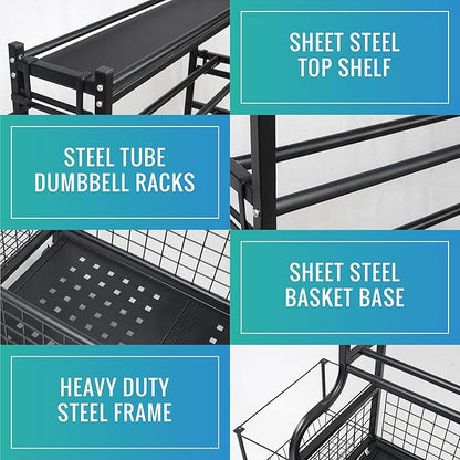 STUFFSTASH Adjustable Dumbbell Rack for Home Gym – Heavy Duty Weight Rack with Kettlebell Shelf, Yoga Mat Holder & Wheels – 700 LB Capacity Gym Equipment Storage Organizer
