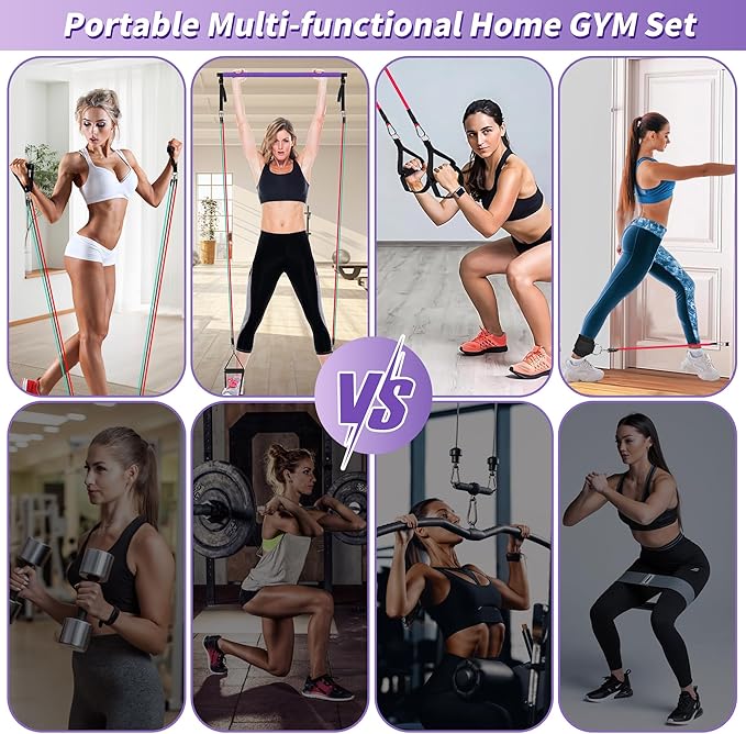 Portable Pilates Bar Kit with Resistance Bands for Men and Women - 3 Set Exercise Resistance Bands - Multifunctional Home Gym - Supports Full-Body Workouts – with Fitness Poster and Video