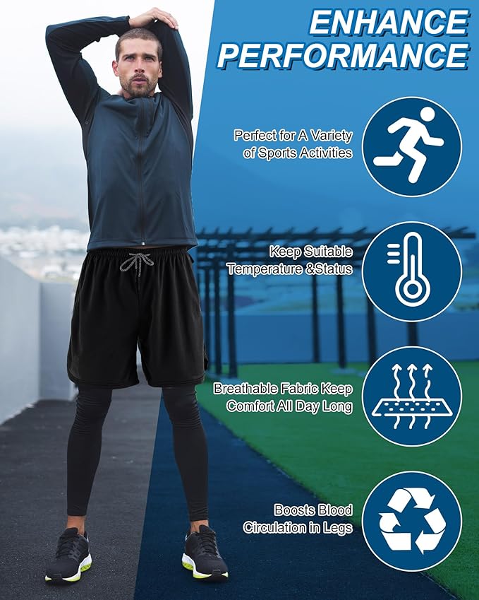 3 Pcs Men's 2 in 1 Athletic Running Pants Quick Dry Gym Workout Compression Pants with Pockets Towel Loop