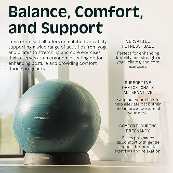 Retrospec Luna Exercise Ball with Pump - Anti-Burst Fitness Equipment for Yoga, Core Training & Stability - Home Gym Swiss Ball for Office & Pregnancy