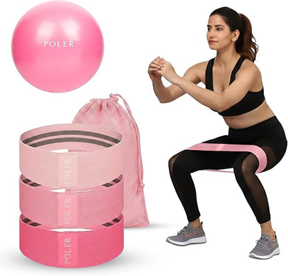 Poler Fit Kit: Fabric Resistance Bands Kit with 3 Levels (Light, Medium, Heavy) + 9″ Pilates Ball for Home Workouts – Exercise Bands Set for Strength Training, Pilates, Yoga, Glutes, Legs & Full Body