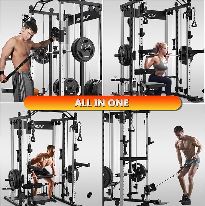 Smith Machine Strength Training Squat Rack with Smith Bar, Power Cage with LAT Pull-Down Systems, Cable Crossover Machine for Home Gym
