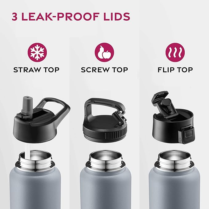 FineDine Triple Walled, Insulated Water Bottles with Straw - 25 Oz Stainless Steel Metal Bottle W/ 3 Leak Proof Lids - For Travel, School, Sports, Gym/Men, Women & Kids - Modern Lava Gray