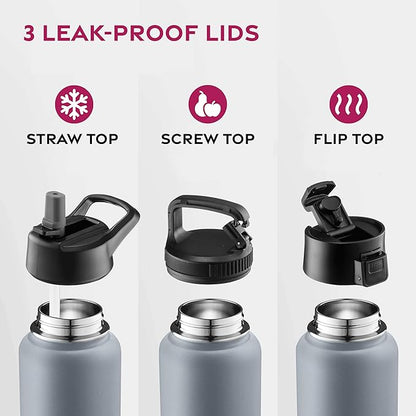 FineDine Triple Walled, Insulated Water Bottles with Straw - 25 Oz Stainless Steel Metal Bottle W/ 3 Leak Proof Lids - For Travel, School, Sports, Gym/Men, Women & Kids - Modern Lava Gray