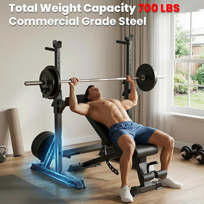 Adjustable Bench Press Rack Stand, 700lbs Heavy Duty Barbell Rack with Dip Station and Push Up Handles, Width Adjustable for 6ft 7ft 8ft Bars - Home Gym Strength Training Infrastructure