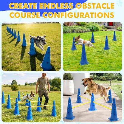 Wdmiya 18.9" Dog Agility Training Hurdle Cone Set, Dog Agility Course Backyard Set with Height Adjustable Crossbar, Dog Agility Equipment for Obedience, Rehabilitation, Starter - 12 Cones & 6 Poles