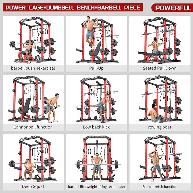 Power Rack Power Cage Multi-Function Squat Rack with Cable Crossover System Selectable More Training Attachment Power Rack for Garage & Home Gym