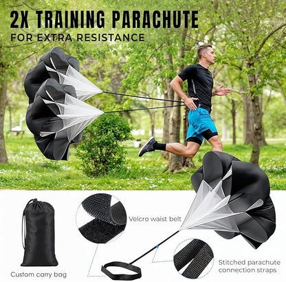 Complete Agility Ladder Training Set - 20ft Speed Ladder, 6 Adjustable Hurdles, 20 Cones, 5 Resistance Bands, 2 Speed Training Parachutes, Jump Rope, Nylon Carry Bag & Stakes