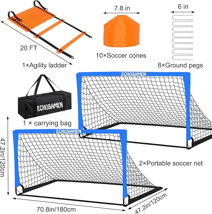 Kids Soccer Goals for Backyard, 2 of 6 x 4 ft Kids Soccer Goal Set Soccer Net with 10 Soccer Cones, Agility Ladder & Carry Bag, Portable Soccer Training Equipment.