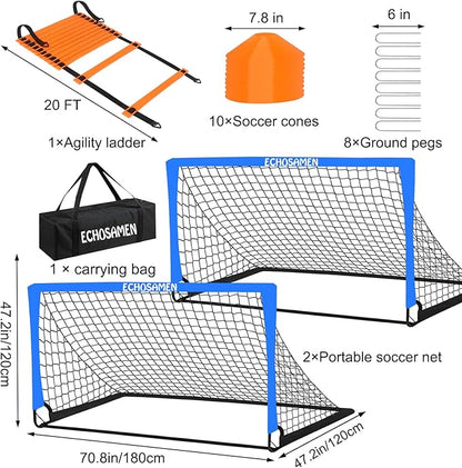 Kids Soccer Goals for Backyard, 2 of 6 x 4 ft Kids Soccer Goal Set Soccer Net with 10 Soccer Cones, Agility Ladder & Carry Bag, Portable Soccer Training Equipment.