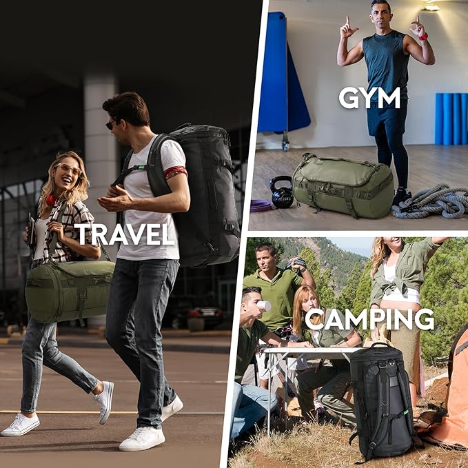 Haimont 45L Gym Duffle Backpack Bag Convertible Travel Duffle with Shoes Compartment for Men Women with Straps, Water-resistant, Army Green