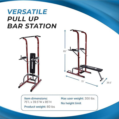 Stamina Full Body Power Tower 735 - Dip Bar with Built-in Bench and Rack - Pull Up Bar Station with Smart Workout App - Dip Bars for Home Workout - Up to 300 lbs Weight Capacity
