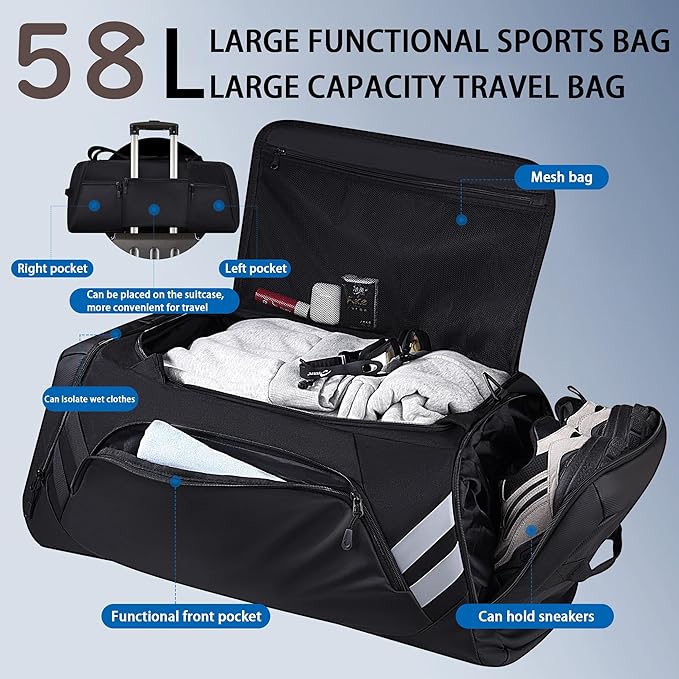 Gym Bags for Men/Women, 58L Large Sports Travel Duffel Bag with Shoes Compartment & Wet Pocket, Gym Workout Backpack, Weekender Bag Overnight Backpack for Travel