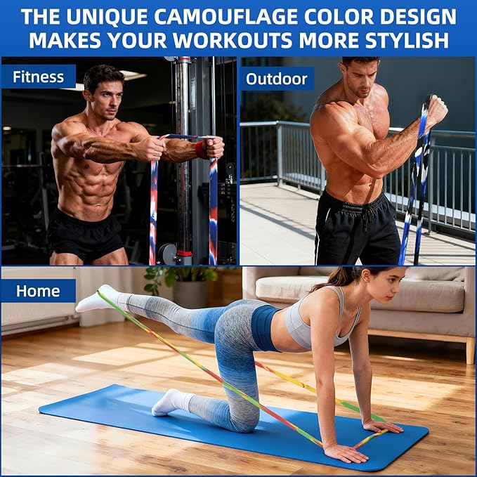 Resistance Band Set, 81.9 Inch Circumference Pull Up Assist Bands with Storage Bag, Camouflage Workout Bands for Powerlifting, Stretching, WOD & Strength Training, Unisex Fitness
