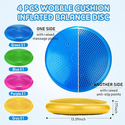 Jerify 4 Pcs Wiggle Seat Flexible Inflated Wobble Cushion Stability Balance Pad Balance Disc Sensory Seat for Men Women Fitness Physical Exercise Improving Posture Home Office