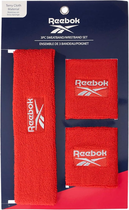 3pc Unisex Athletic Sweatband Set - 2.25in Workout Headband & 3.25in Wristbands w/Stay Dry Technology, Terry Cloth Band Moisture-Wicking Fabric | Quality Fitness Accessories for Active Comfort-Reebok