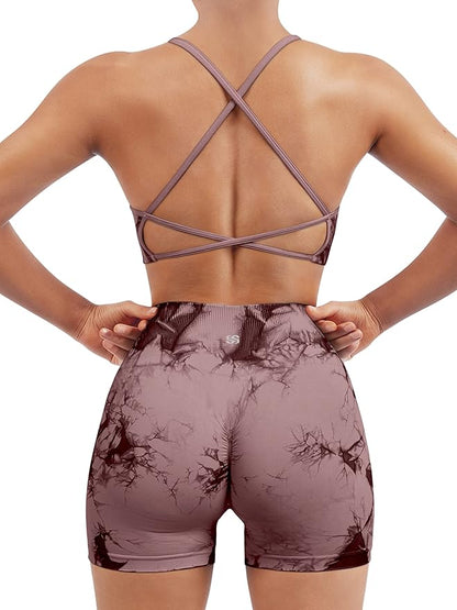 SUUKSESS Women Seamless Workout Sets Strappy Sports Bra High Waist Booty Shorts Outfits