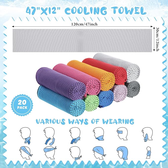 Hosuly 20 Pcs Cooling Towel 47 x 12 Inch Ice Towel for Neck, Microfiber Cool Towel, Breathable Soft Chilly Towel for Yoga, Sports, Gym, Camping, Golf, Running, Fitness, Workout(Multicolor, 20 Pcs)