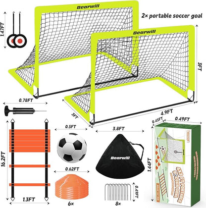 Bearwill Soccer Goal, Kids Soccer Goals for Backyard Set of 2, 4x3ft Portable Soccer Goal Pop Up Soccer Net, Kids Soccer Net Training Equipment with Soccer Ball, Ladder, Cones, Targets