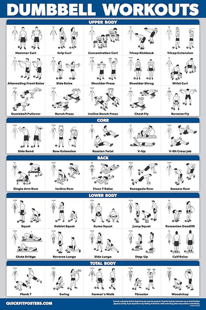 QuickFit 3 x Dumbbell Training Charts + Kettlebell Exercises + Body Weight Routine Poster