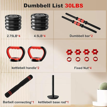 Adjustable Dumbbell Set, 10/20/30/45/70/90lbs Free Weight Set with Connector, 5 in1 Dumbbells Set Used as Barbell, Kettlebells, Push up Stand,Weight Plate, Fitness Exercises for Home Gym Suitable Men/Women