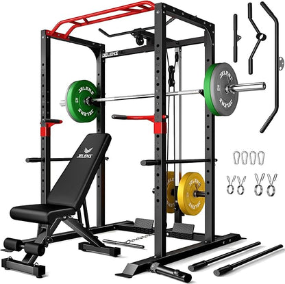 S11 Power Cage, 2000LB Multi-Function Power Rack with LAT Pulldown, Squat Rack with Adjustable Pulley System and Training Attachments, Weight Rack for Home Gym