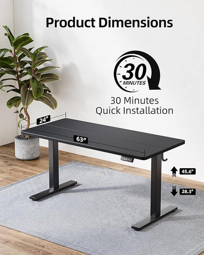 TIQLAB Standing Desk 63 x 24 inch, Electric Height Adjustable with Splice Board, Sit Stand Desk, for Home Office, Black