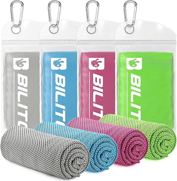 BILITOK Superfiber Ice Towel Neck, Soft Breathable Cold Towel Cooling, Yoga, Sports, Golf, Gym, Camping, Running, Fitness, Exercise and More Activities, 4 Packs (Blue/Green/Rose red/Gray)