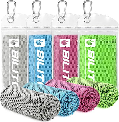 BILITOK Superfiber Ice Towel Neck, Soft Breathable Cold Towel Cooling, Yoga, Sports, Golf, Gym, Camping, Running, Fitness, Exercise and More Activities, 4 Packs (Blue/Green/Rose red/Gray)