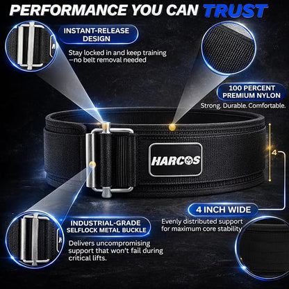HARCOS Auto-Lock Weight Lifting Belt – 4” Premium Nylon Gym Belt for Squats, Deadlifts & Olympic Lifting – Adjustable Core Support Belt for Men & Women