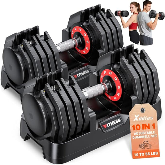 XDDIAS Adjustable Dumbbell Set of 2, 25/55/80/90LB Dumbbell Set- 1-Hand Fast Adjustment with Anti-Slip Handle, Compact Free Weights Dumbbells Set for Men/Women Home Gym Strength Training Equipment