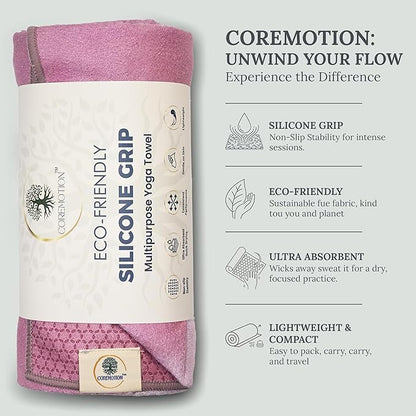 COREMOTION Hot Yoga Mat Towel (26.5'' x 72'’) – Lightweight Multipurpose Towel with Non-Slip Silicone Grip, Quick-Dry & Sweat Absorbent for Women - Yoga, Pilates, Gym, Indoor & Outdoor Workouts