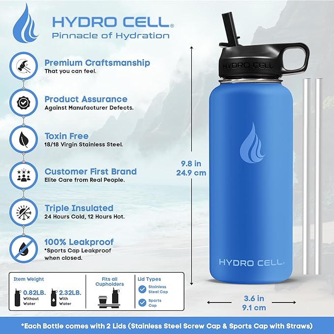HYDRO CELL Stainless Steel Insulated Water Bottle with Straw - For Cold & Hot Drinks - Metal Vacuum Flask with Screw Cap and Modern Leakproof Sport Thermos for Adults (Denim 32oz)