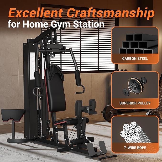 Multifunctional Home Gym Equipment, Workout Station with 150LBS Weight Stack, Home Gym Machine with Pulley System for Full Body Training