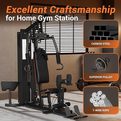 Multifunctional Home Gym Equipment, Workout Station with 150LBS Weight Stack, Home Gym Machine with Pulley System for Full Body Training