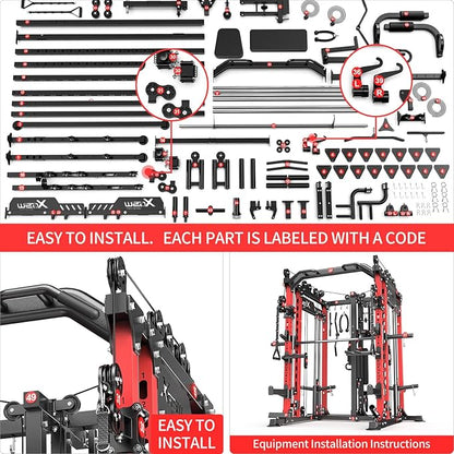 Multi-Purpose Squat Rack,Smith Machine Weight Rack Set with Cable Crossover System, Home Gym Power Racks, Power Racks and Packages