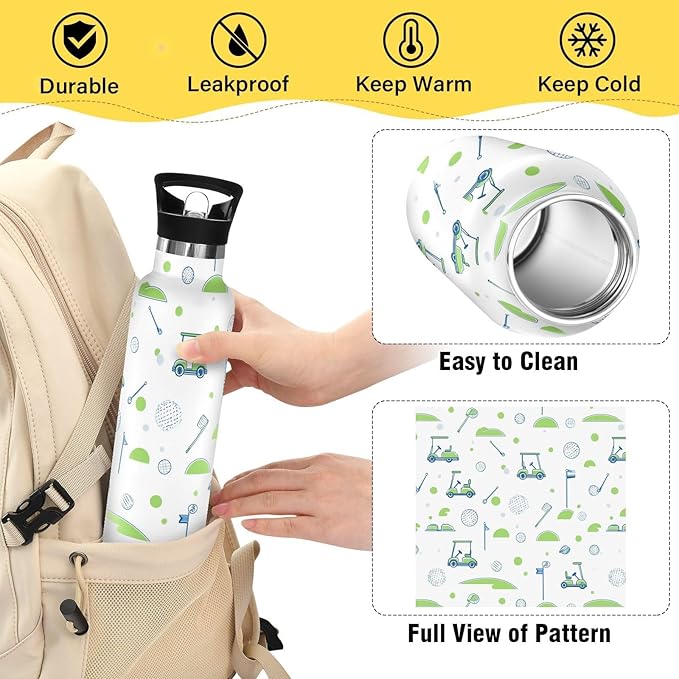 Insulated Water Bottle with Straw Golf Pattern Sports 20 Oz Kids Stainless Steel Water Flask Sports Travel Mug for Boys Girls