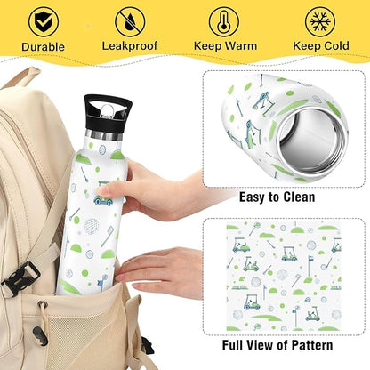 Insulated Water Bottle with Straw Golf Pattern Sports 20 Oz Kids Stainless Steel Water Flask Sports Travel Mug for Boys Girls