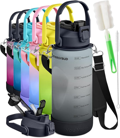 1/2 Gallon Water Bottle with 74.3 oz Capacity - Motivational Time Markers for Daily Hydration Goals - Leakproof BPA Free Tritan with Removable Straw