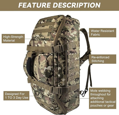 55L Large Duffle Bag, 3-in-1 Tactical Backpack MOLLE Pack for Sports, Gym, Outdoor, CP