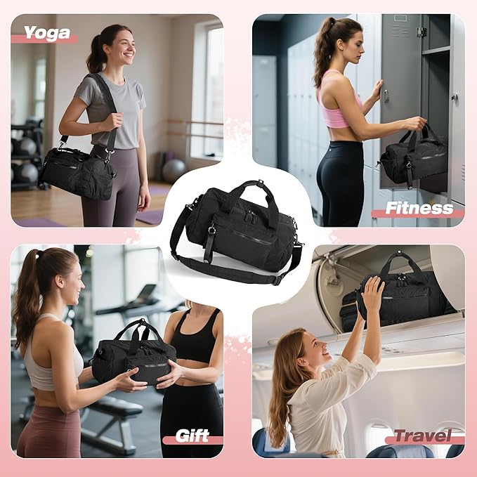 Small Gym Bag for Women, Mini Duffle Bag with Wet Compartment, 12L Travel Carry on Weekender Bag for Sports, Workout and Fitness, Black