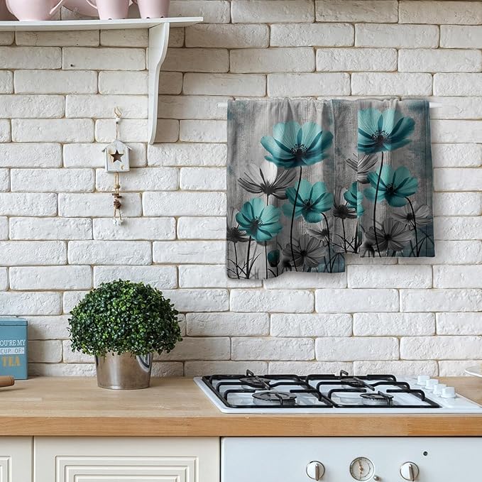 Teal Gray Floral Decorative Hand Towels for Bathroom Rustic Flower Wood Barn Vintage Kitchen Towels Set of 2 Turquoise Daisy Soft Absorbent Fingertip Dish Tea Towel for Home Yoga Gym Hotel