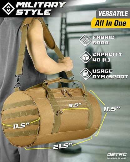 DBTAC 40L Tactical Gym Bag for Men | Military Heavy Duty Duffle Bag with Adjustable Strap for Gym Workout Fitness, Basketball Soccer Sport Training & Weekend Travel, Brown