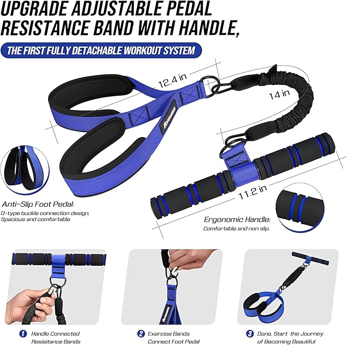 Adjustable Pedal Resistance Band with Handle, 60LBS Exercise Resistance Bands for Full Body Training | Sit Up Exercise Equipment for Core, Abs, Legs, Glutes, Arms, Pilates, and Yoga at Home Gym