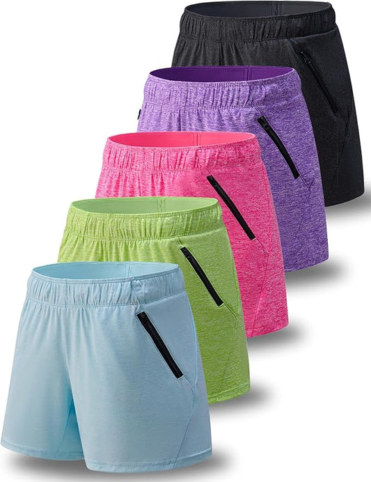 Liberty Imports 1 or 5 Pack Womens Lounge Workout Shorts with Zipper Pockets 5" Inseam Lightweight Athletic Casual Shorts