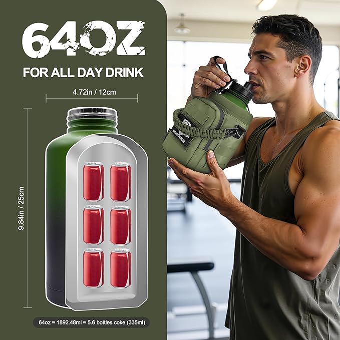 NATURE PIONEOR 64 oz Tactical Water Bottle Set, Stainless Steel Half Gallon Insulated Water Bottle with Tactical MOLLE Bottle Carrier Sleeve, for Outdoor Work, Gym, Hiking, Camping